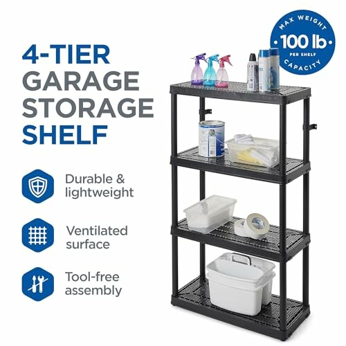 4-tier garage storage shelf with cleaning supplies.