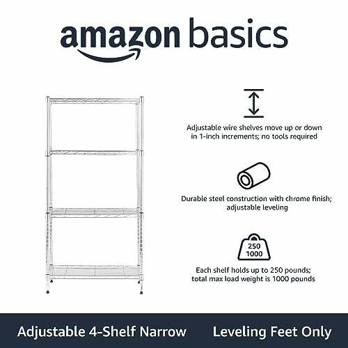 Amazon Basics adjustable 4-shelf narrow unit with leveling feet.