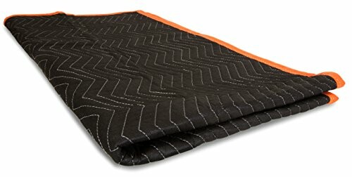 Folded black moving blanket with orange trim