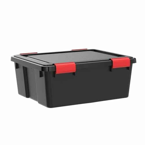 Black storage box with red clips