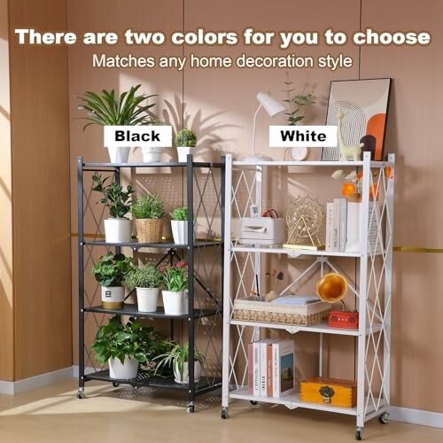 Black and white bookshelves with plants and decorative items.