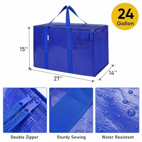 Blue 24-gallon storage bag with double zipper, sturdy sewing, and water resistance features.