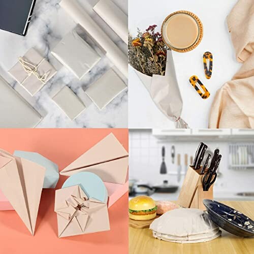 Collage of gift wrapping and kitchen items including wrapped gifts, a bouquet with coffee, origami boxes, and kitchen utensils.