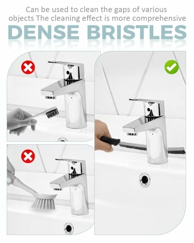 Comparison of cleaning a faucet with brushes, showing effective and ineffective methods.