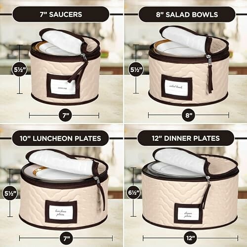 Four storage cases for saucers, salad bowls, luncheon plates, and dinner plates with labeled sizes.