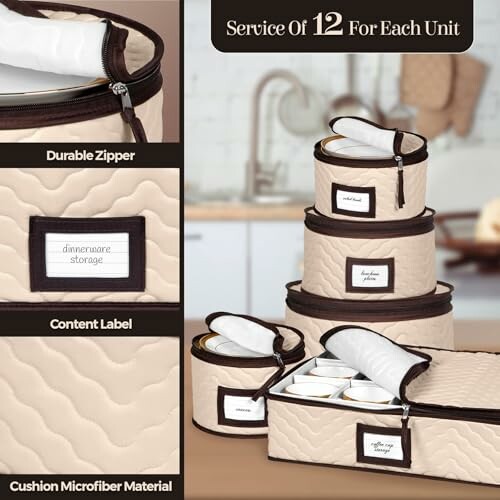 Dinnerware storage set with durable zipper, content label, and cushion microfiber material.