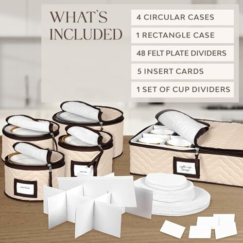 Dish storage set with circular and rectangular cases, felt plate dividers, insert cards, and cup dividers.