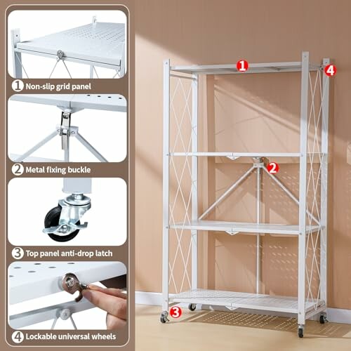 Foldable metal shelf unit with non-slip grid panel, metal fixing buckle, top panel anti-drop latch, and lockable universal wheels.