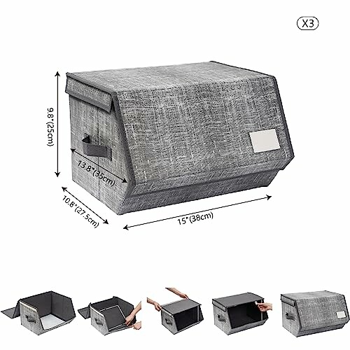 Collapsible gray fabric storage box with dimensions and assembly steps.