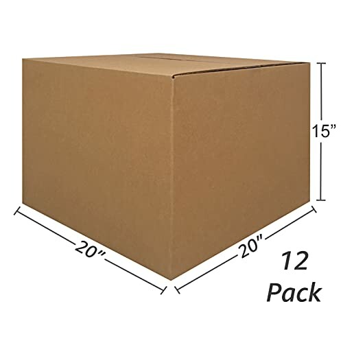 Large brown cardboard box with dimensions 20x20x15 inches, 12 pack.