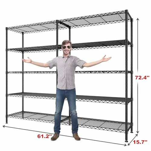 Person standing in front of large metal storage shelves with dimensions.