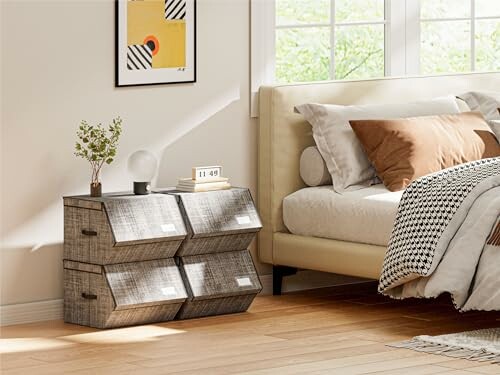 Modern bedroom with stylish storage drawers and a comfortable bed.