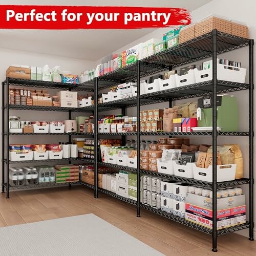 Organized pantry shelves with various food items and storage bins.