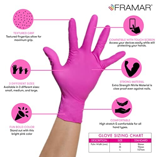 Pink nitrile glove with features labeled, including textured grip, touch screen compatibility, strong material, bold color, and available in different sizes.