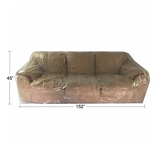 Brown sofa covered with clear plastic, dimensions labeled.