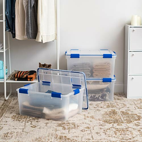 Plastic storage boxes with blue handles in a closet.