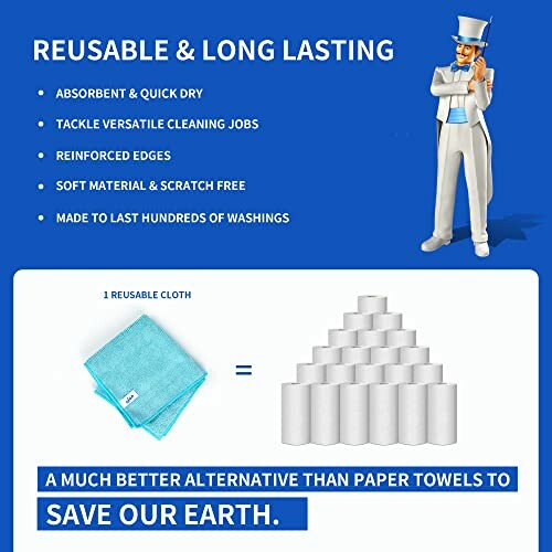 Infographic comparing reusable cloth to paper towels, highlighting benefits like absorbency, durability, and eco-friendliness.