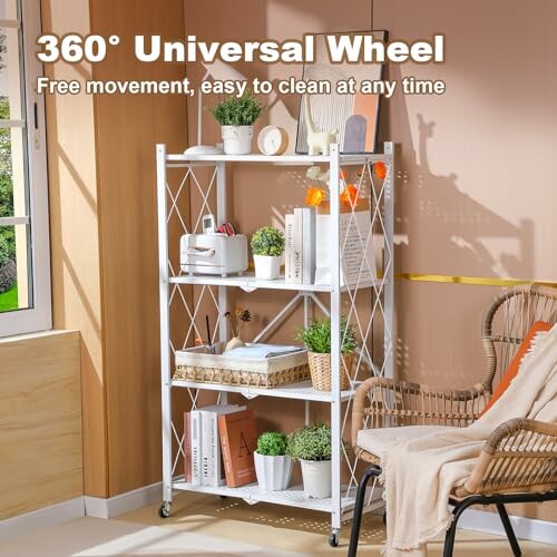 White rolling shelf with plants and decor near a window.