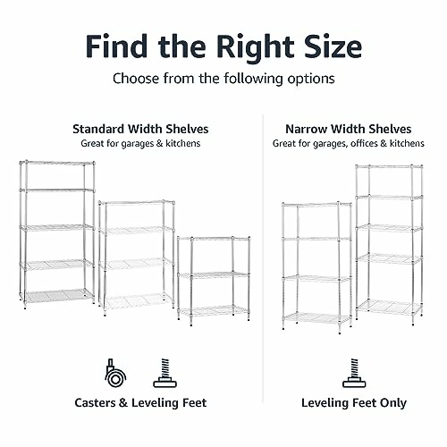 Comparison of standard and narrow width shelves with leveling feet and casters.