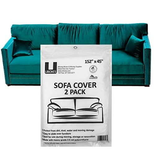 Teal sofa with Uboxes sofa cover packaging.