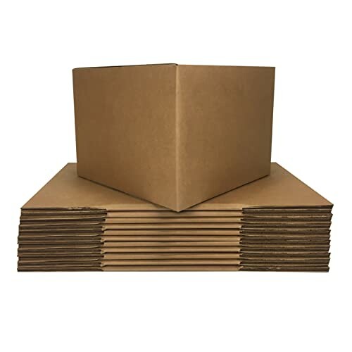 Stack of cardboard boxes with one open box on top.