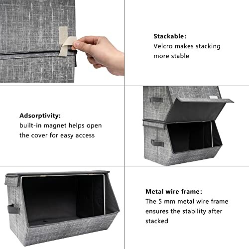 Collage showing storage box features: stackable with Velcro, adsorptive with built-in magnet, and metal wire frame for stability.