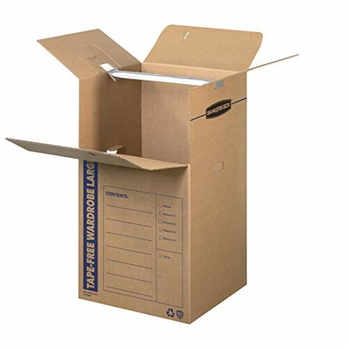 Open cardboard wardrobe box with hang bar